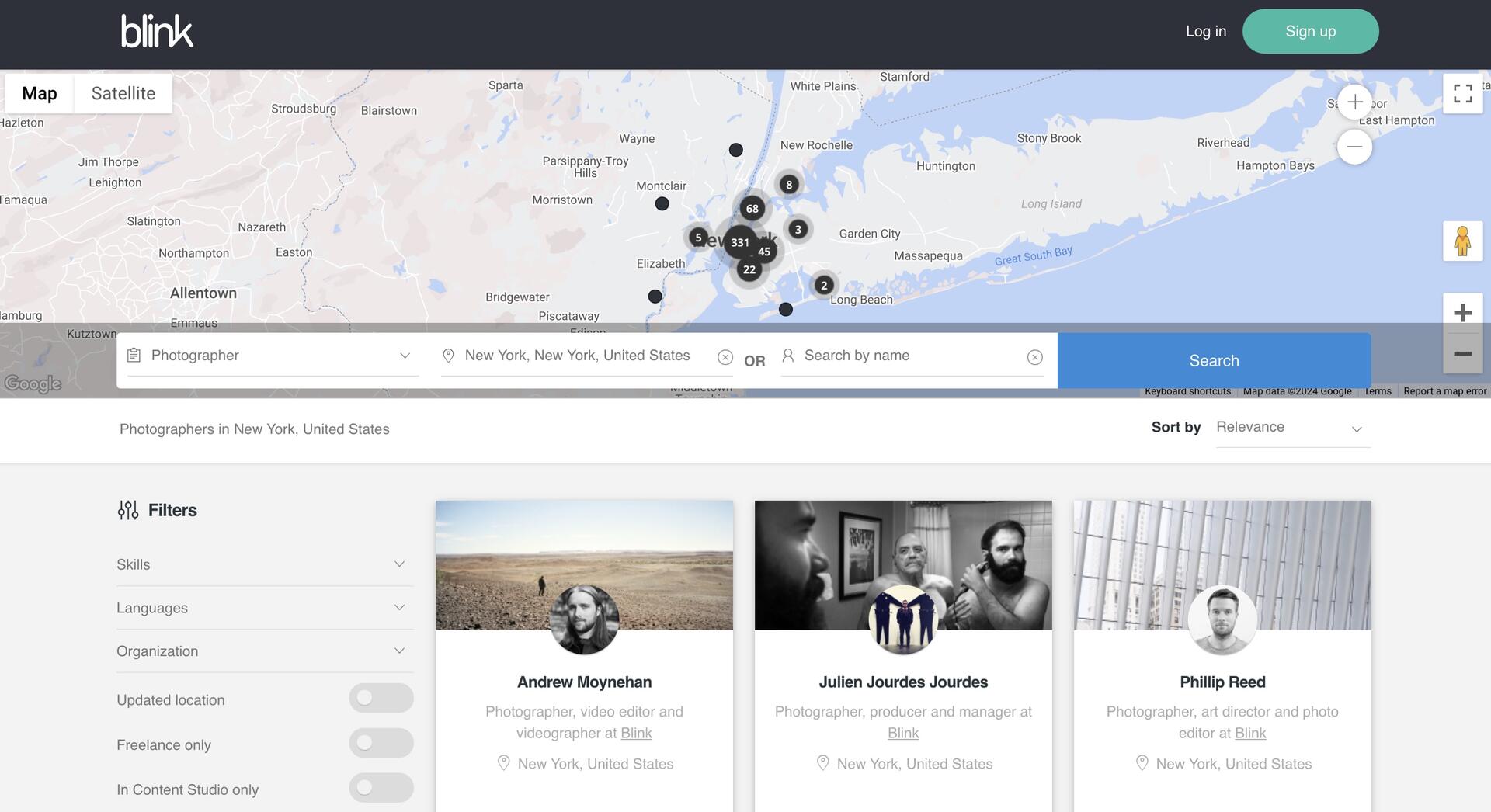 Screenshot of a website search for photographers in New York, showing a map with location markers, a search/filter sidebar, and profiles of three photographers with their photos and names displayed below the map.
