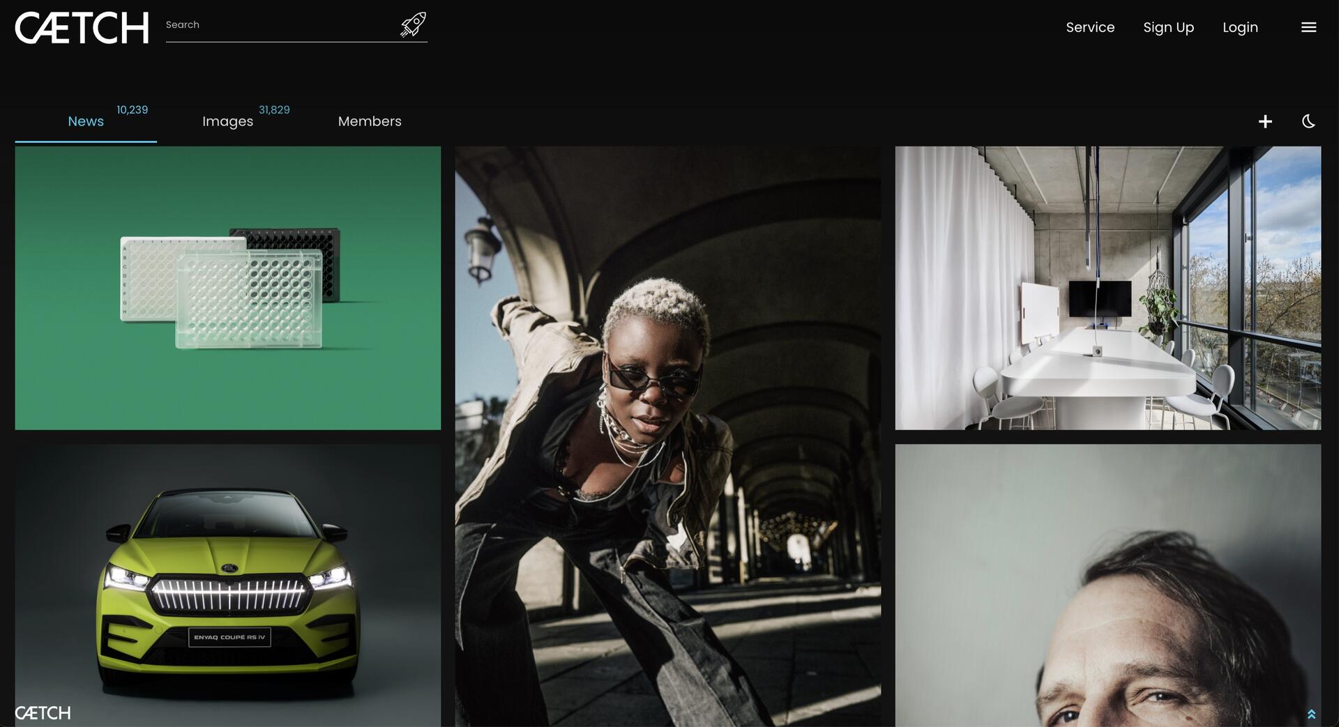 A website homepage with a dark theme displays a search bar, navigation links, and four images: wallets, a person posing, a modern office, a green car, and a close-up of a mans face.