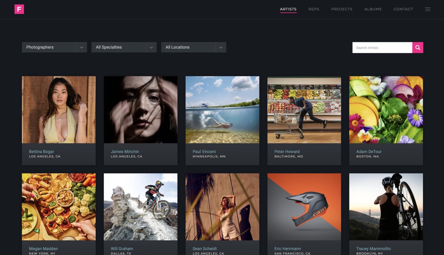 A website gallery page displays profiles of photographers, each with a name, location, and sample image, alongside filter options for specialties and locations, and a search bar in the top right corner.