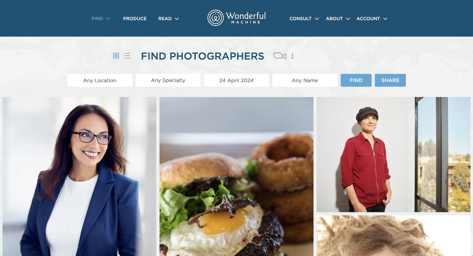 A website page titled Find Photographers with search filters, showing photos of a smiling woman in glasses, a hamburger, a woman in a red shirt and hat, and a window view.