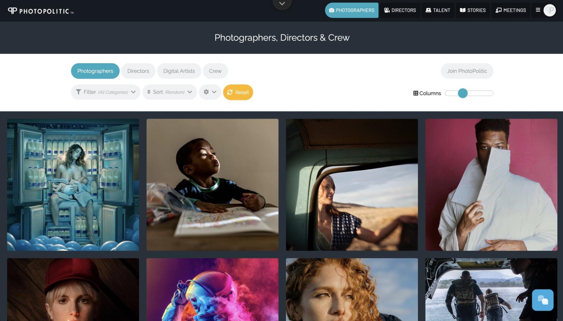 A website gallery page displaying portraits of diverse individuals, including a woman in a futuristic setting, a child drawing, a woman in a van, a man holding paper, and a woman with curly hair, with navigation and filter options above.