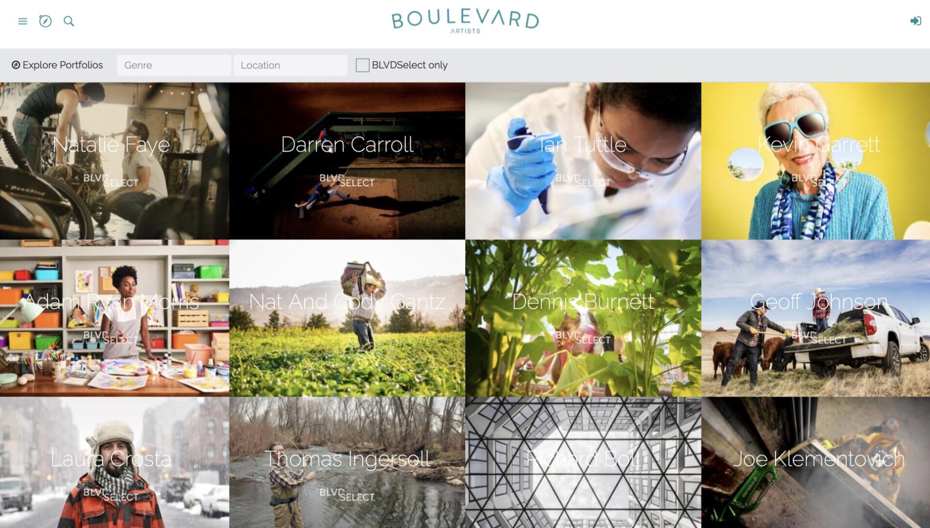 A website gallery displays various photographers’ portfolios in a grid, each with a cover photo and name overlaid; a search bar and filter options appear at the top under the “Boulevard Artists” logo.