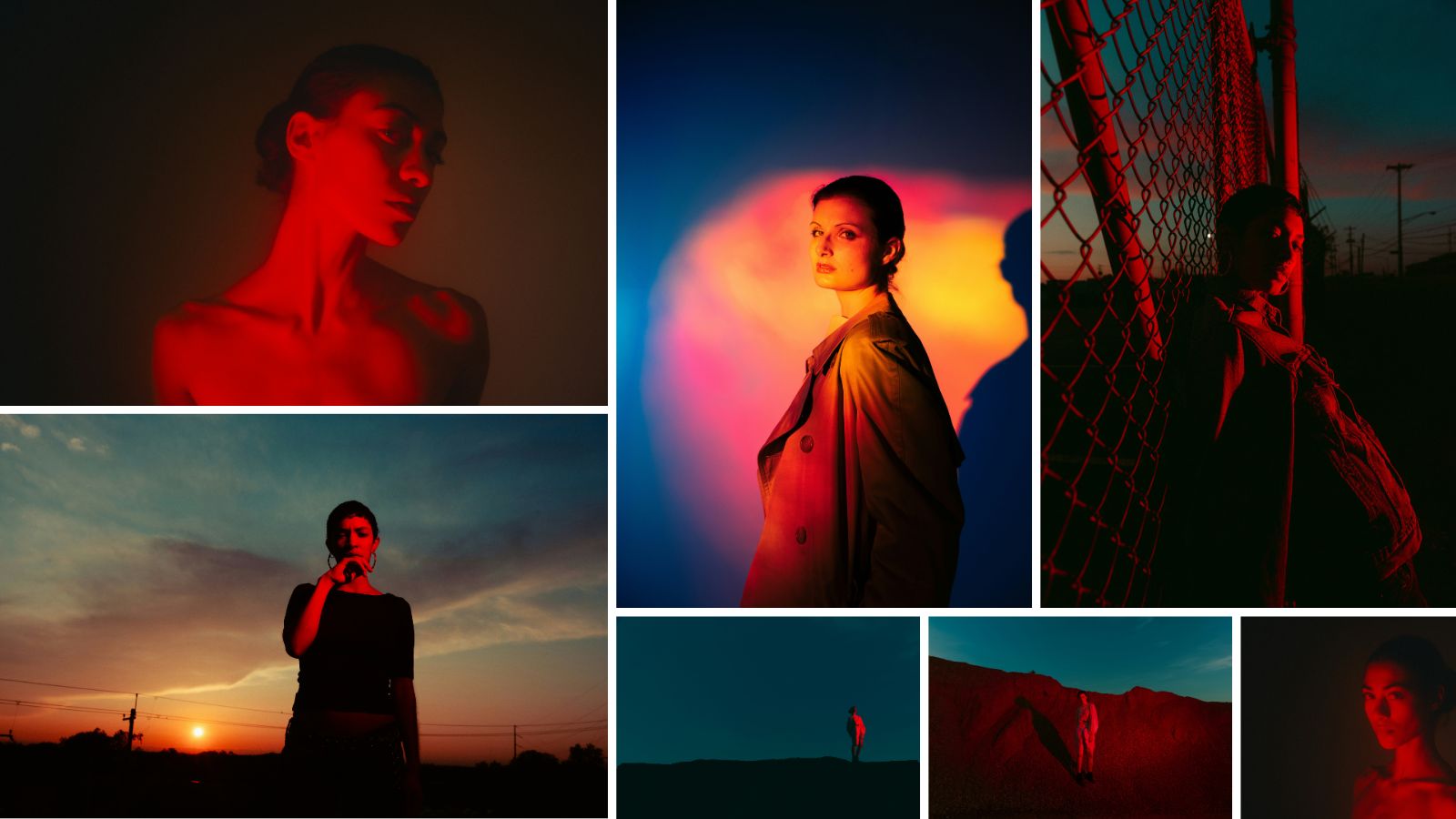 Collage of seven atmospheric portrait photographs with red and orange lighting, shot against dark interiors, a fence and a sunset landscape.