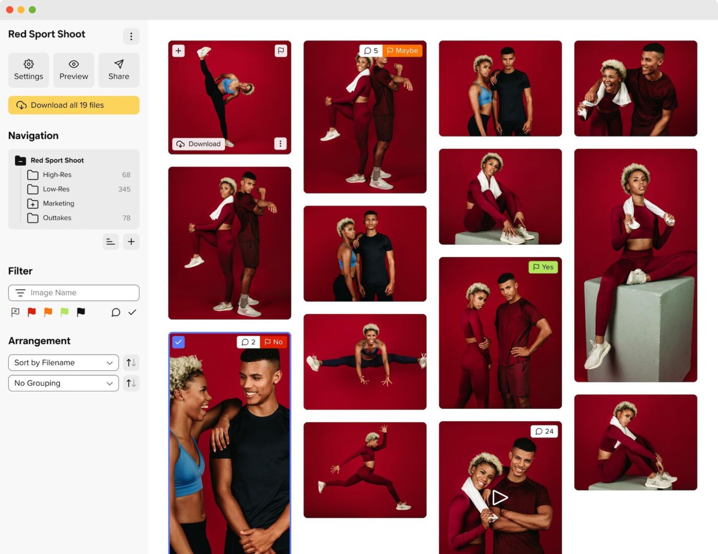 A gallery interface displays photos from a red-themed sports shoot, featuring a man and a woman in sporty attire posing energetically against a red background. The left panel shows navigation and filter options.