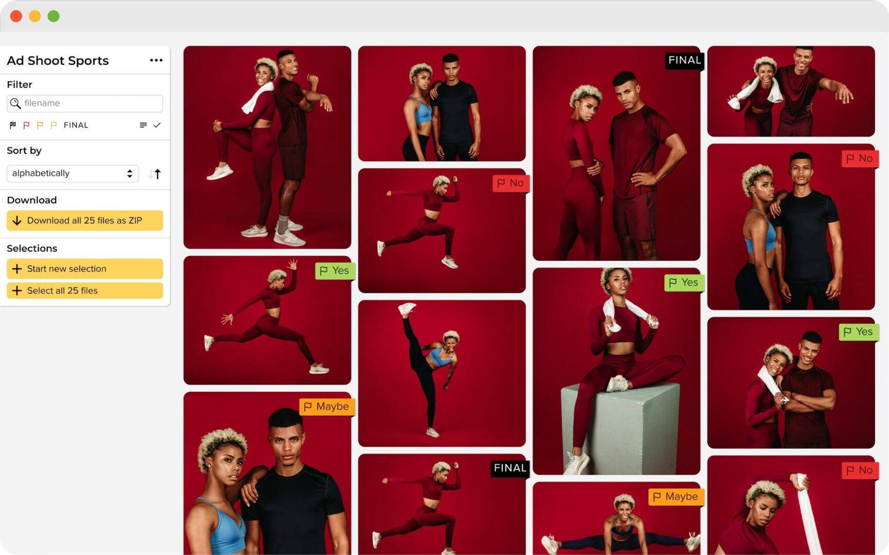 A photo selection interface displays various images of two athletes in red sportswear posing against a red background. The left panel shows filtering and downloading options, with some images marked Yes, No, or Maybe.