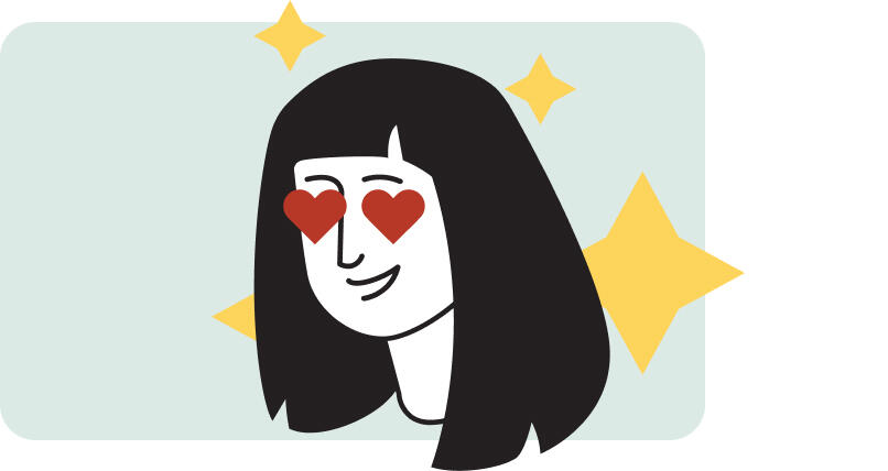 Illustration einer lächelnden Person mit langen dunklen Haaren und herzförmigen Augen, umgeben von funkelnden gelben Sternen auf hellgrünem Hintergrund.