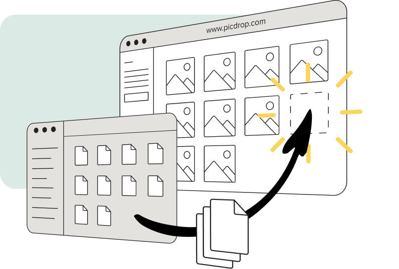 Abbildung zweier Computerfenster: eines mit Bildsymbolen, eines mit Dateisymbolen. Ein Pfeil zeigt an, wie Dateien aus dem Dateifenster in einen leeren Bildbereich des anderen Fensters gezogen werden, was auf den Upload oder die Übertragung von Bildern hindeutet.