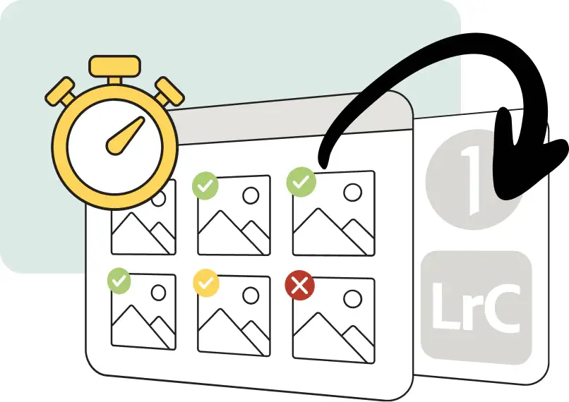 Abbildung einer Stoppuhr und eines Fotorasters mit Häkchen und einem X, neben einem Pfeil, der auf das Symbol von Adobe Lightroom Classics zeigt und die schnelle Bildauswahl oder -bearbeitung symbolisiert.