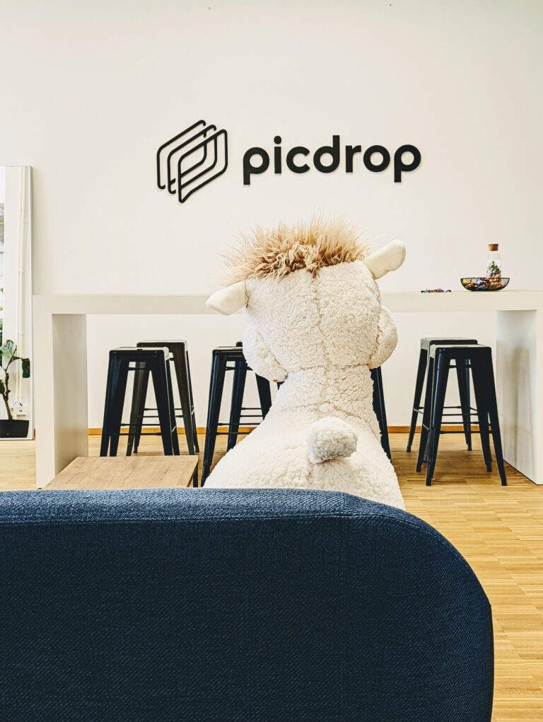 Ein Plüsch-Alpaka-Spielzeug sitzt auf einem blauen Sofa gegenüber einem Stehtisch mit schwarzen Hockern in einem modernen Büroraum. An der Wand dahinter prangt das Picdrop-Logo in schwarzer Schrift.