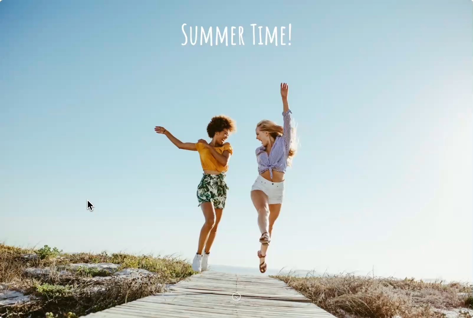 Two women joyfully jumping in the air on a wooden path at the beach under a clear blue sky, with “SUMMER TIME!” written above them.