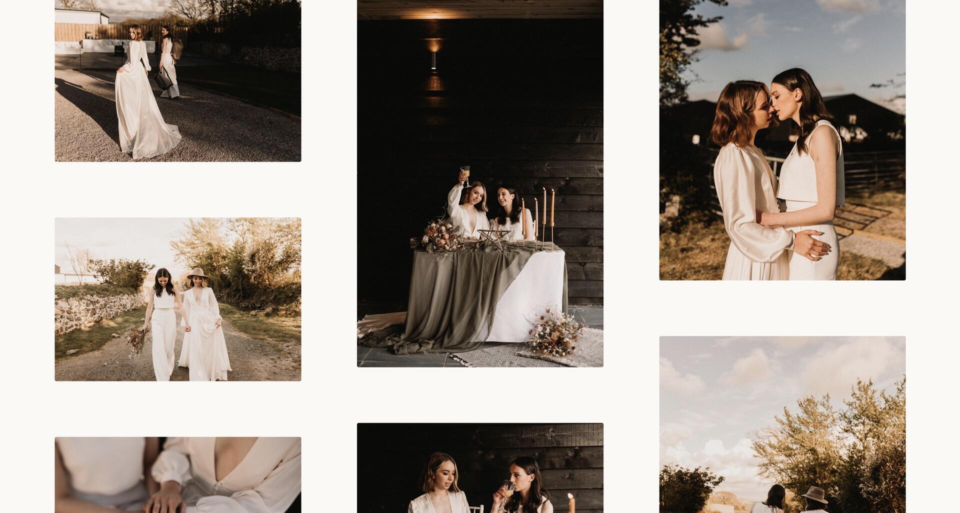 A collage of romantic wedding photos featuring two brides in white dresses, posing together outdoors and indoors, holding hands, embracing, and sharing tender moments in natural, warm lighting.