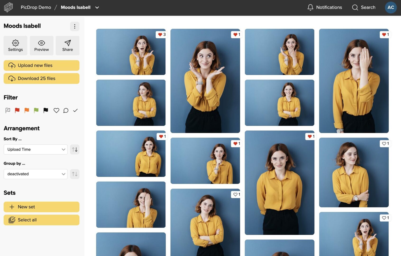 A photo library interface shows various images of a woman with shoulder-length brown hair in a yellow blouse, posing against a blue background with different facial expressions and gestures.
