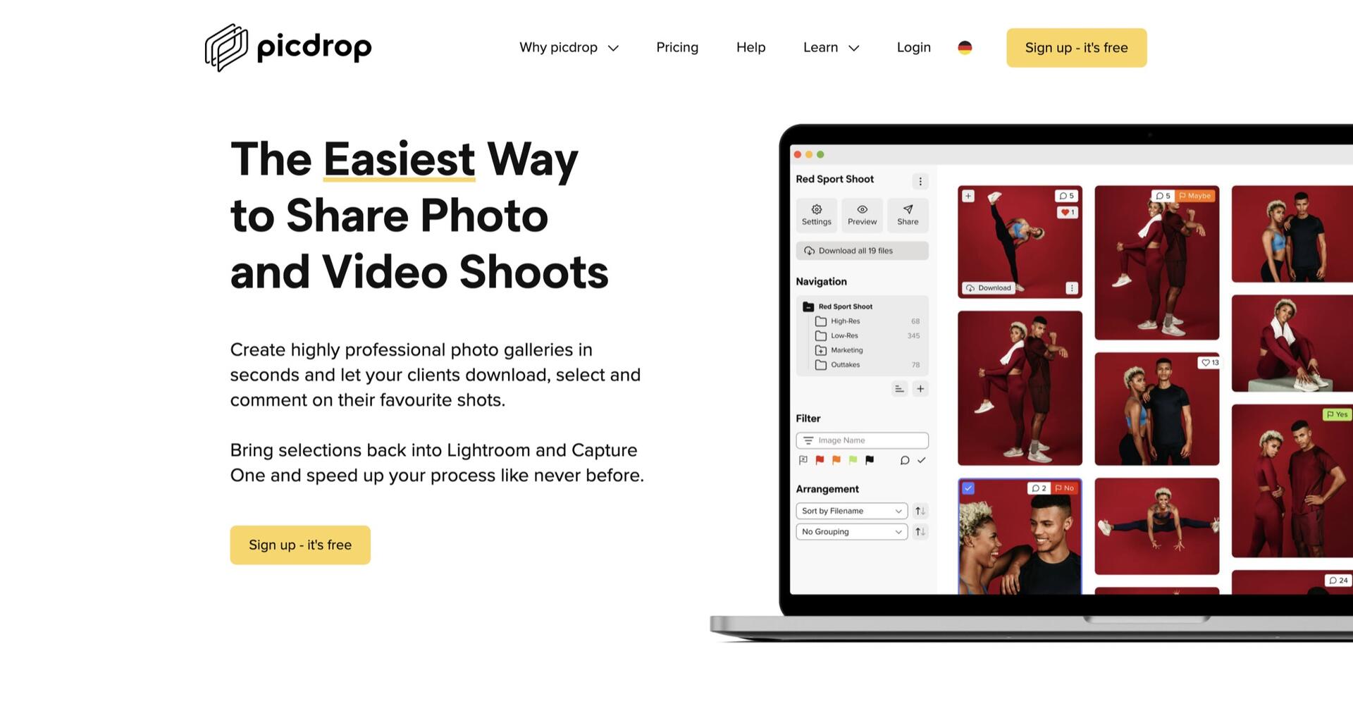 A website homepage for “picdrop” showing a headline “The Easiest Way to Share Photo and Video Shoots,” a description, and a laptop displaying an online photo gallery. Yellow “Sign up–it’s free” button is visible.
