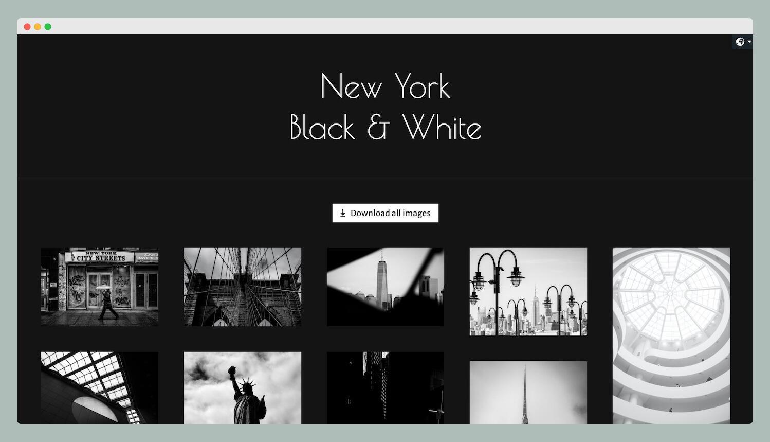A webpage titled New York Black & White displays a grid of black-and-white photos of New York City landmarks and scenes, with a Download all images button in the center.