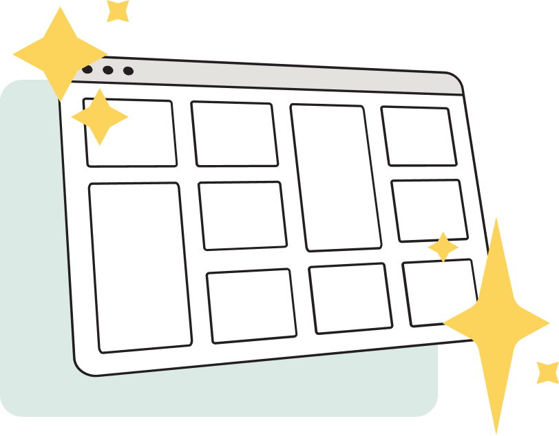 Eine stilisierte Illustration eines Webbrowserfensters mit Rasterlayout, umgeben von vier gelben, funkelnden Sternen, die Sauberkeit, Neuheit oder hohe Qualität suggerieren.
