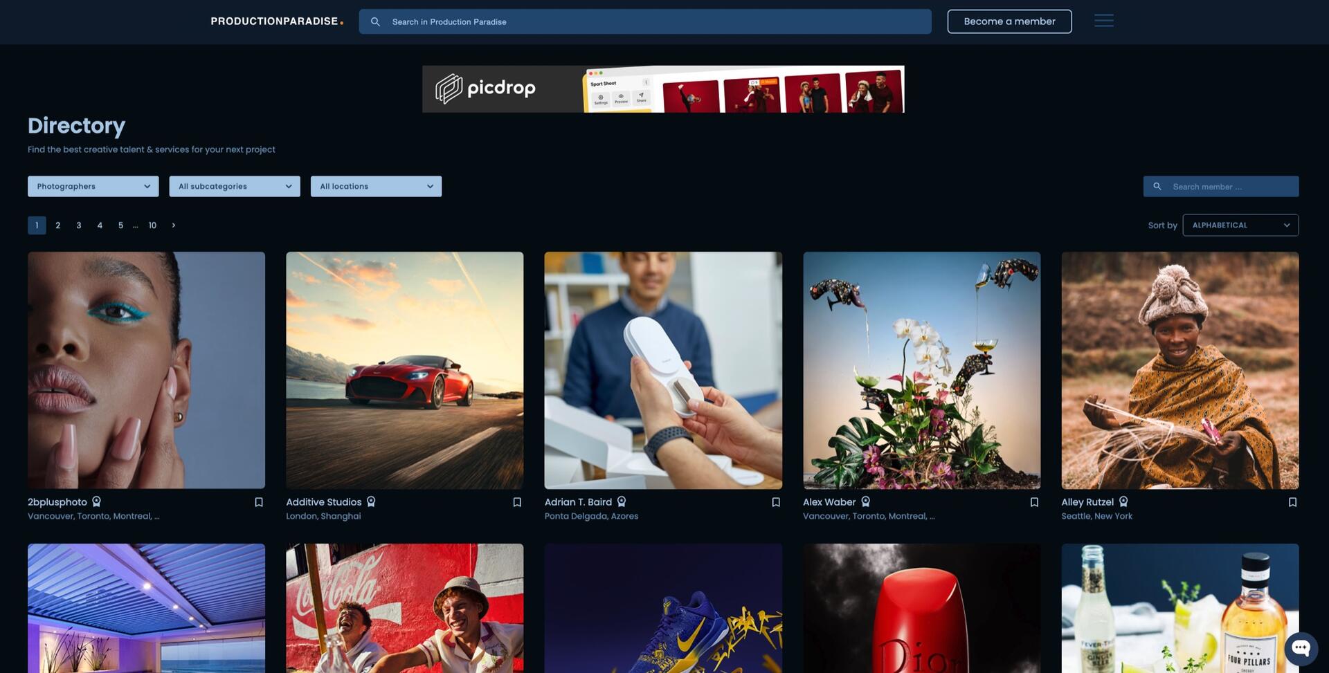 A website directory page displaying a search bar, navigation menu, and a grid of photographer profile cards with sample images, including portraits, a red sports car, a healthcare scene, and artistic compositions.