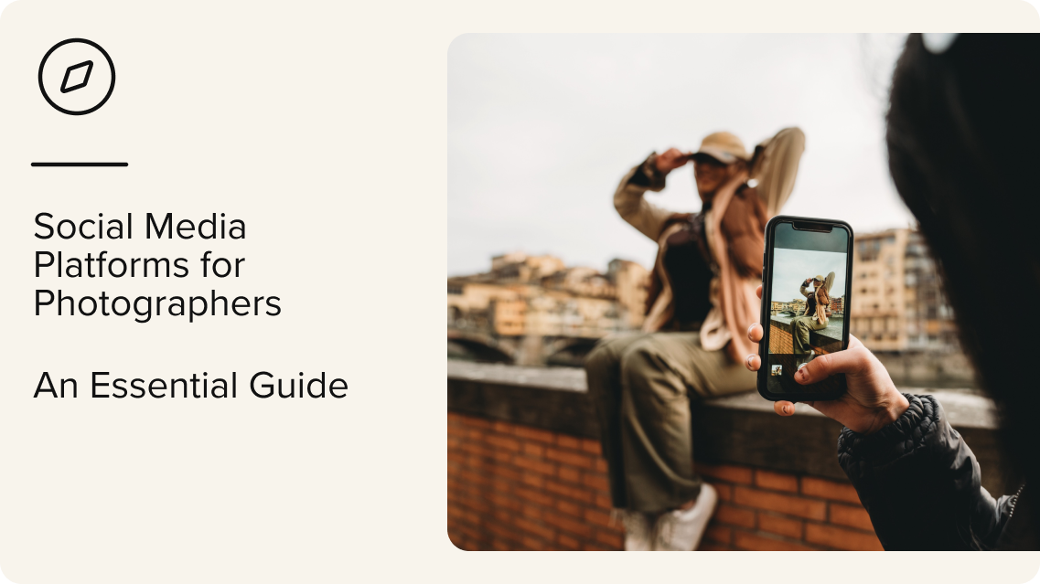 A person takes a photo of another person posing outdoors, with city buildings in the background. Text reads: Social Media Platforms for Photographers. An Essential Guide.