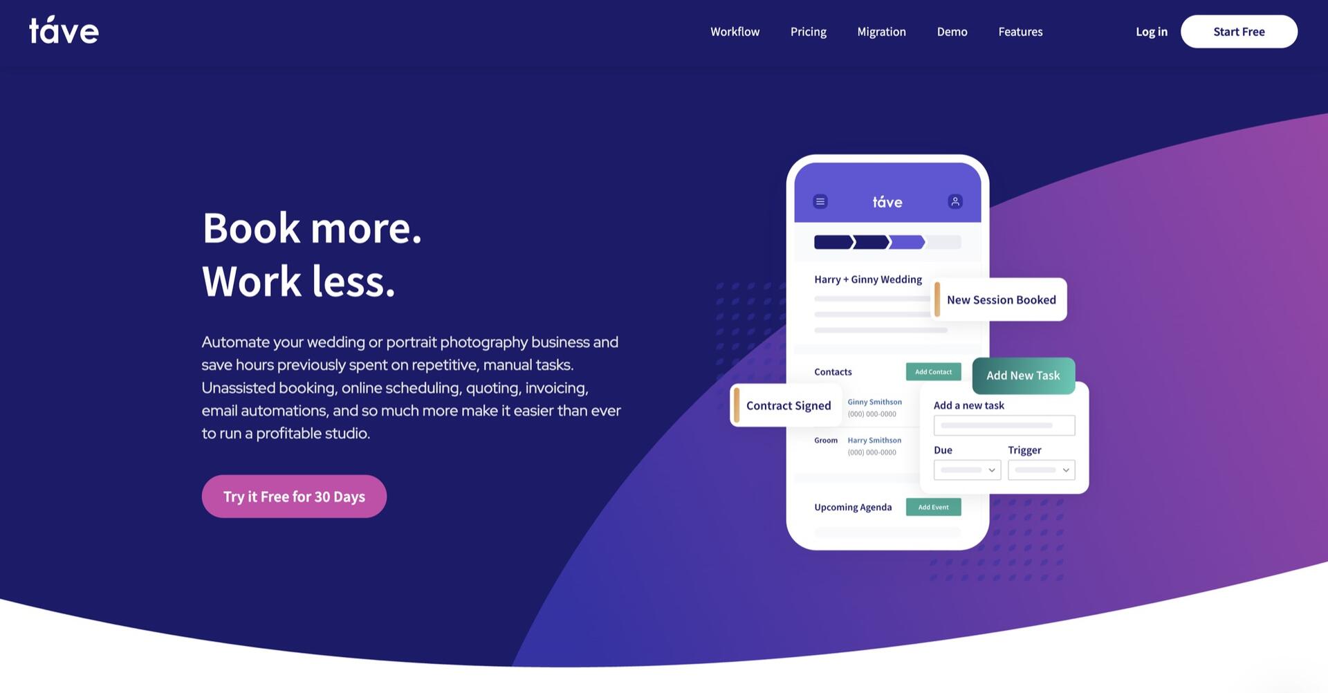 A website homepage for Táve, featuring a purple background, text promoting booking automation for photographers, a mobile app mockup, and a pink button that says Try it Free for 30 Days.