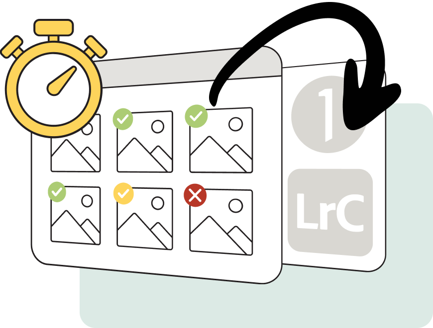 Illustration of a stopwatch and a photo selection grid, with green check marks and one red X, next to an icon labeled LrC and the number 1, suggesting fast image culling in Lightroom Classic.